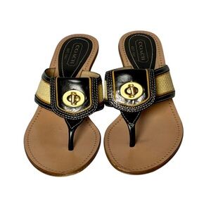 Coach Nickie Turnlock Black & Tan Woven Rattan Sandals Style A0194